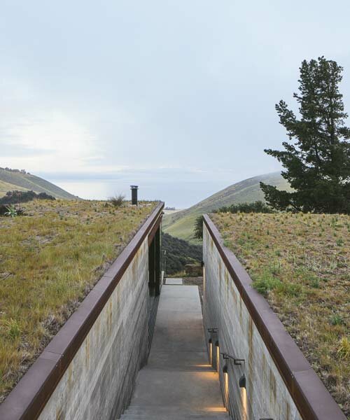 a grass-covered, off-grid guest house cantilevers over california's pacific coast