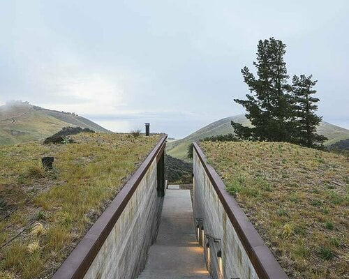 a grass-covered, off-grid guest house cantilevers over california's pacific coast