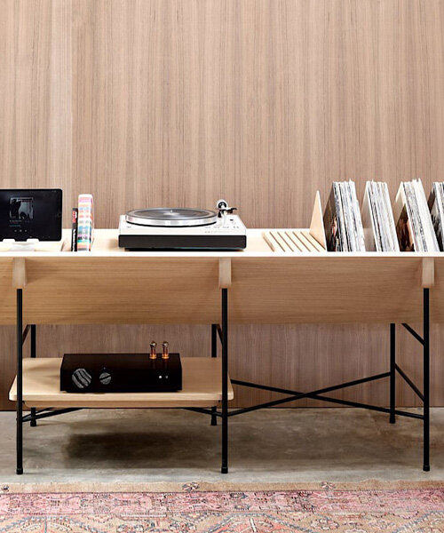 all-in-one credenza with integrated shelving optimizes vinyl listening experience